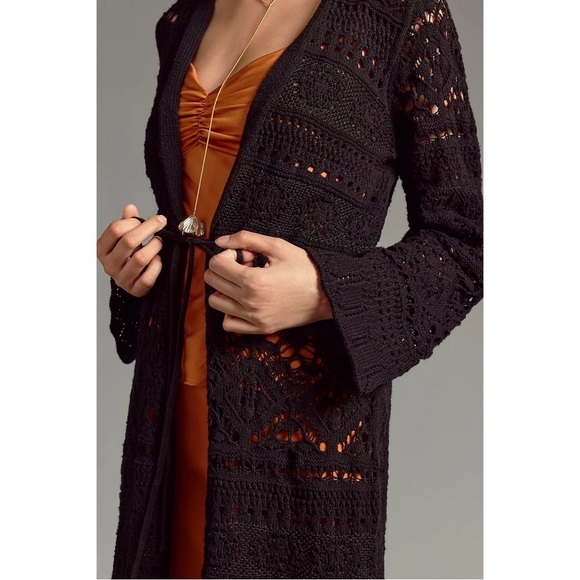 ANTHROPOLOGIE Pointelle Cardigan Sweater Long Sleeve Top Black Size S NWT - Picture 2 of 8